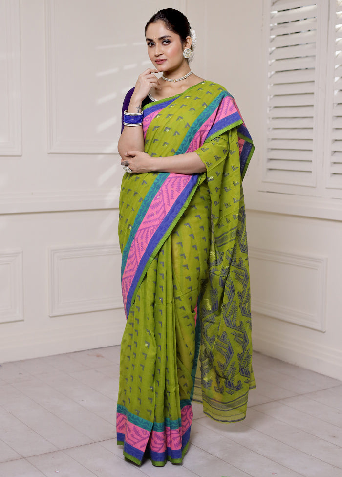 Green Tant Jamdani Saree Without Blouse Piece