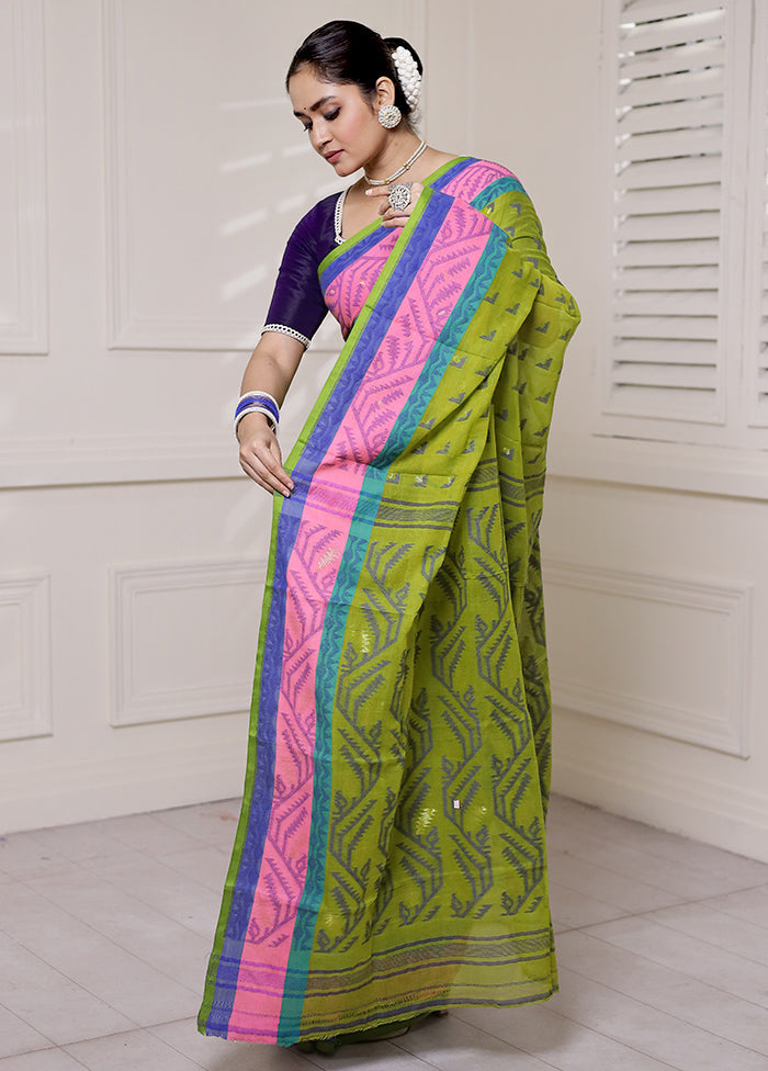 Green Tant Jamdani Saree Without Blouse Piece