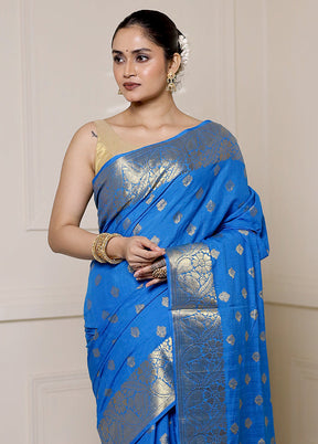 Blue Dupion Silk Saree With Blouse Piece