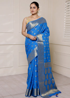 Blue Dupion Silk Saree With Blouse Piece