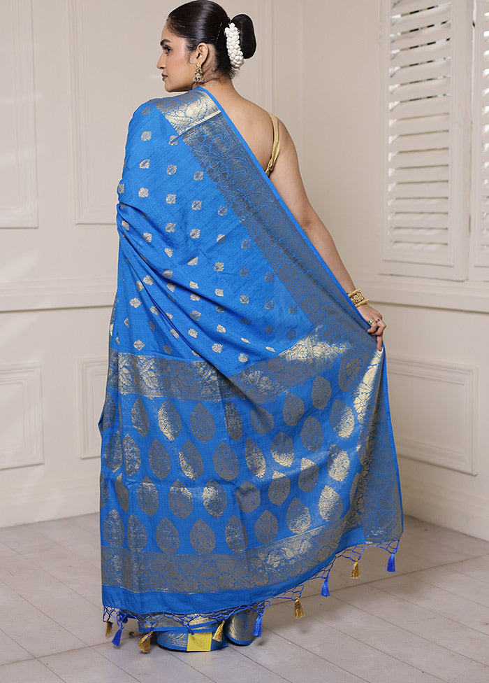 Blue Dupion Silk Saree With Blouse Piece