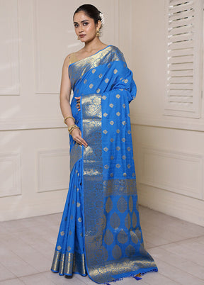 Blue Dupion Silk Saree With Blouse Piece