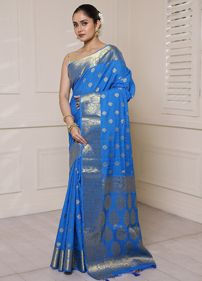 Blue Dupion Silk Saree With Blouse Piece