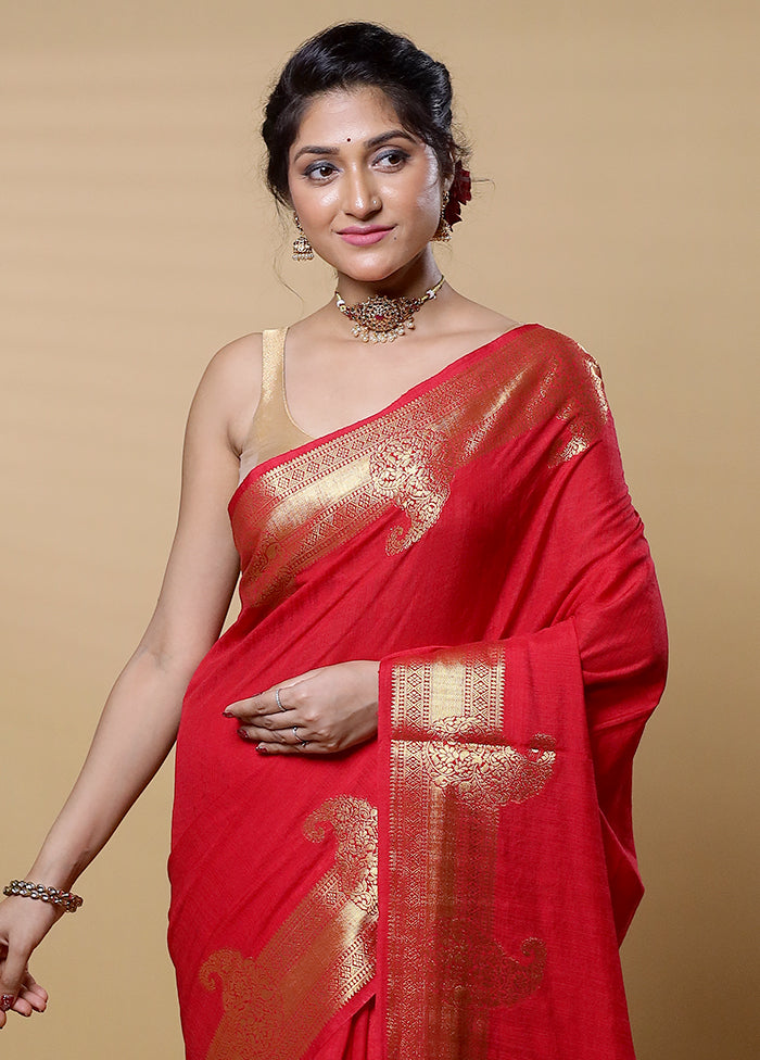 Red Dupion Silk Saree With Blouse Piece