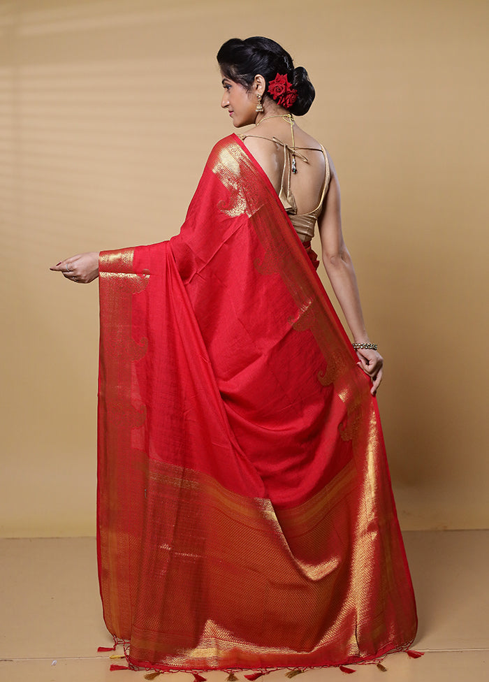 Red Dupion Silk Saree With Blouse Piece