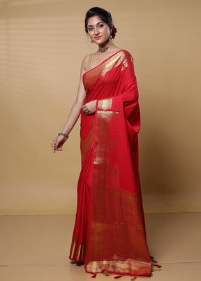 Red Dupion Silk Saree With Blouse Piece