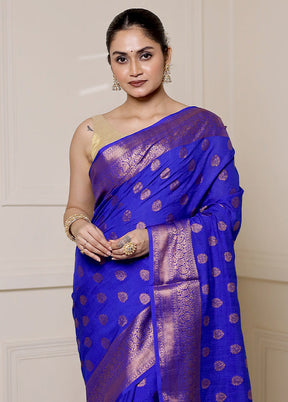 Blue Dupion Silk Saree With Blouse Piece