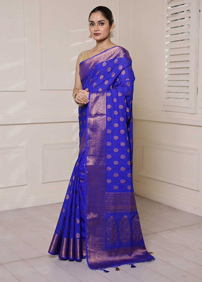 Blue Dupion Silk Saree With Blouse Piece