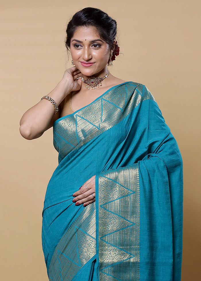 Blue Dupion Silk Saree With Blouse Piece