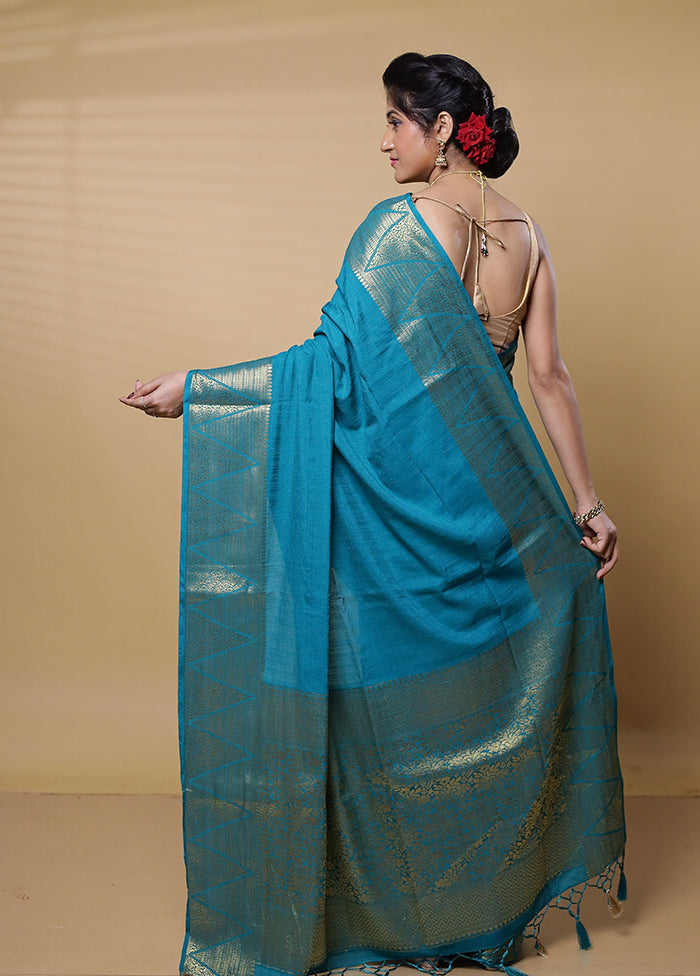 Blue Dupion Silk Saree With Blouse Piece