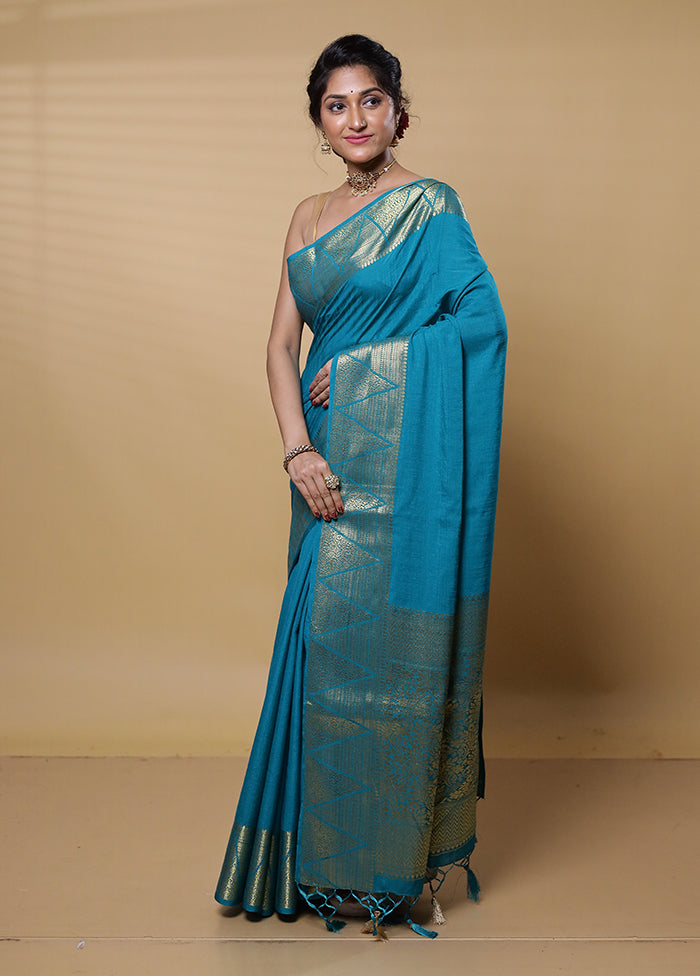 Blue Dupion Silk Saree With Blouse Piece