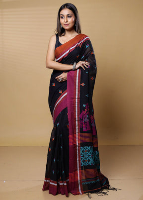 Black Khadi Cotton Saree With Blouse Piece