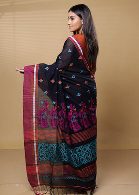 Black Khadi Cotton Saree With Blouse Piece