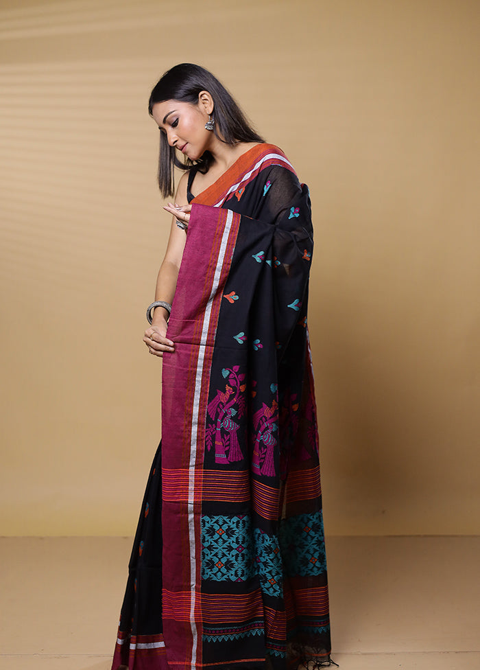 Black Khadi Cotton Saree With Blouse Piece