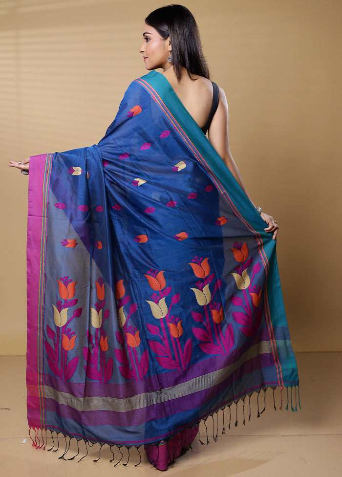 Blue Khadi Cotton Saree With Blouse Piece