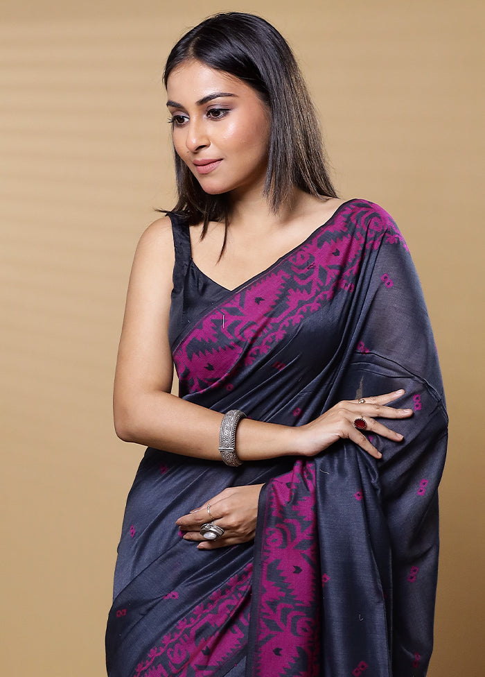 Black Khadi Cotton Saree With Blouse Piece