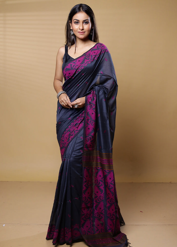 Black Khadi Cotton Saree With Blouse Piece