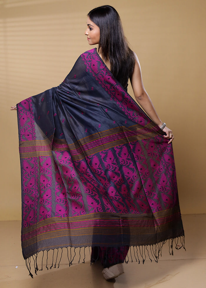 Black Khadi Cotton Saree With Blouse Piece