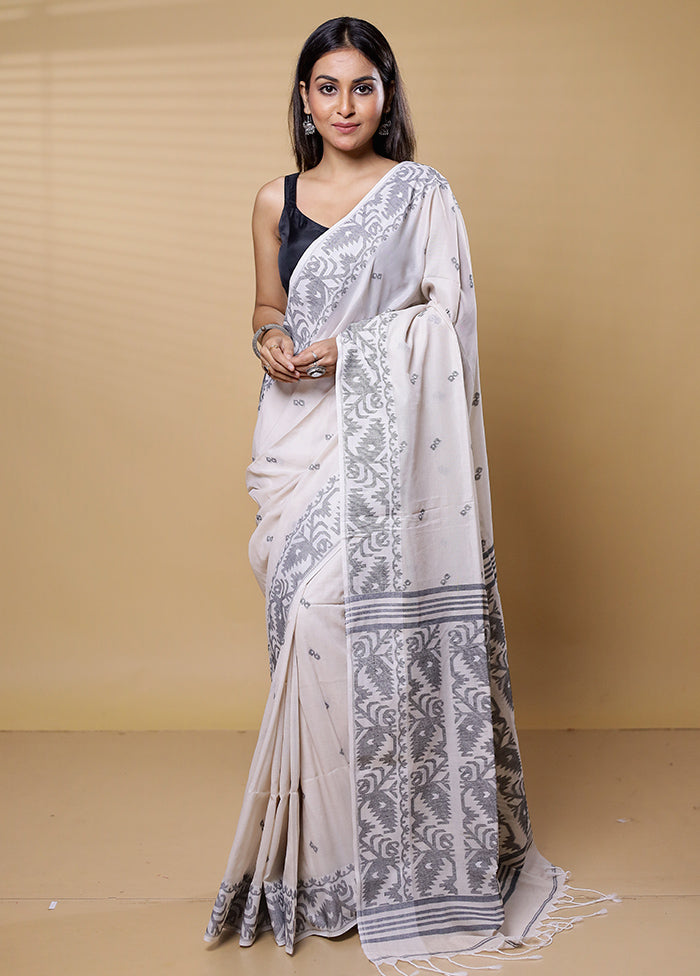 White Khadi Cotton Saree With Blouse Piece