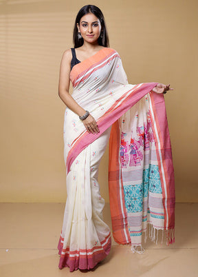 White Khadi Cotton Saree With Blouse Piece