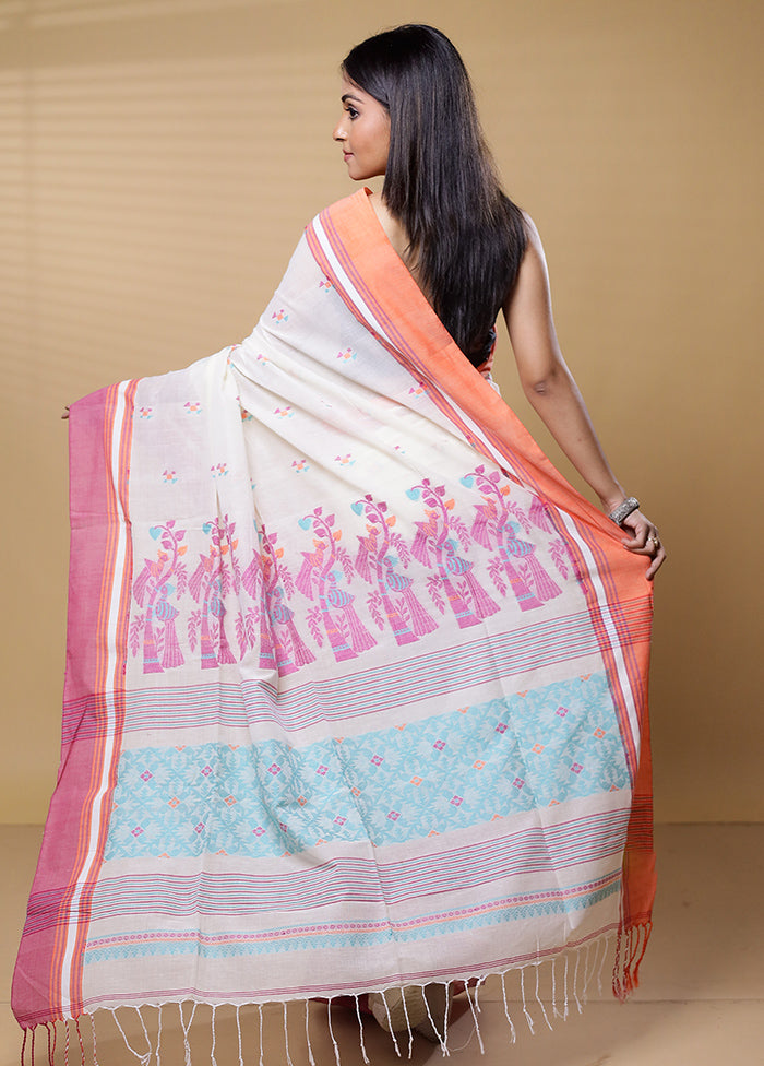 White Khadi Cotton Saree With Blouse Piece