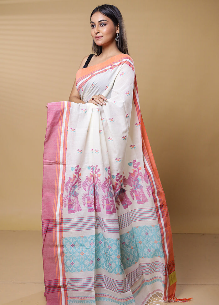 White Khadi Cotton Saree With Blouse Piece