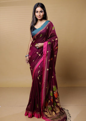 Purple Khadi Cotton Saree With Blouse Piece