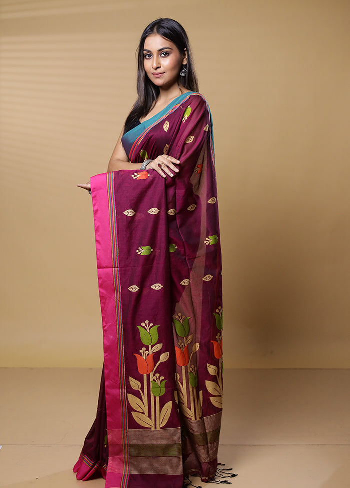 Purple Khadi Cotton Saree With Blouse Piece