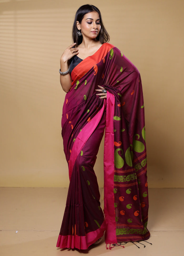 Magenta Khadi Cotton Saree With Blouse Piece