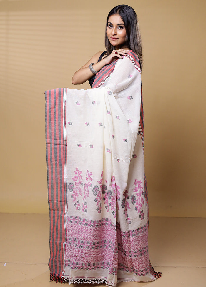 White Khadi Cotton Saree With Blouse Piece