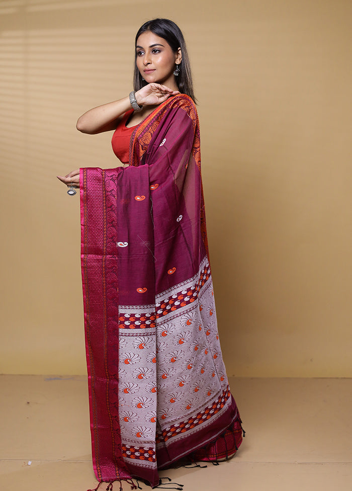 Magenta Khadi Cotton Saree With Blouse Piece