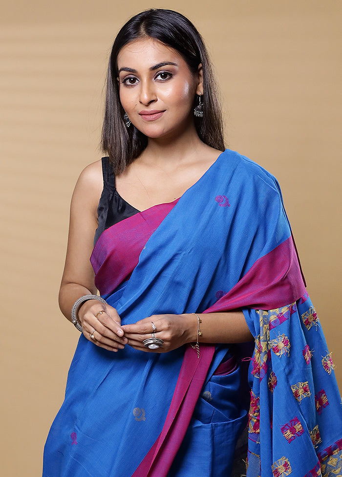 Blue Khadi Cotton Saree With Blouse Piece