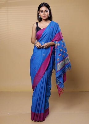 Blue Khadi Cotton Saree With Blouse Piece