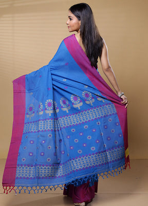 Blue Khadi Cotton Saree With Blouse Piece