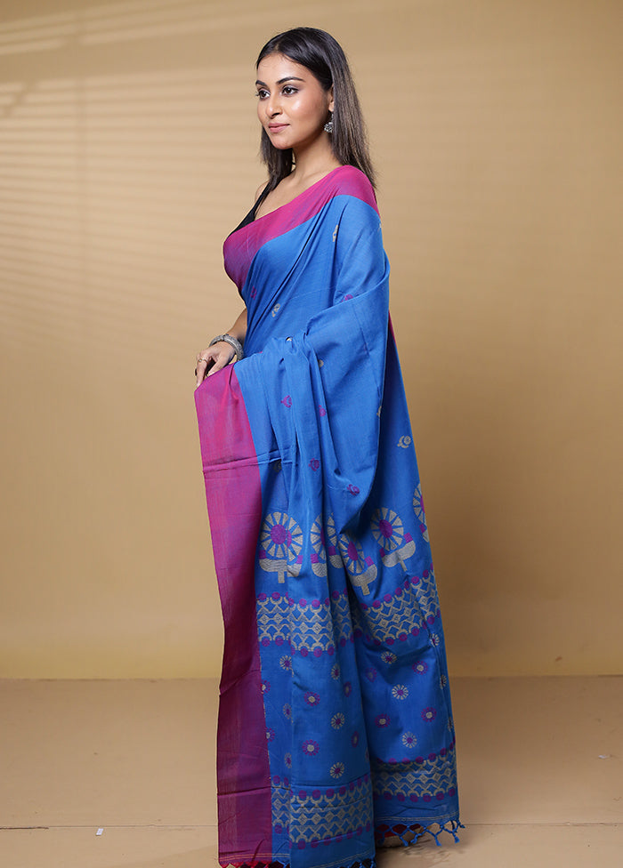 Blue Khadi Cotton Saree With Blouse Piece