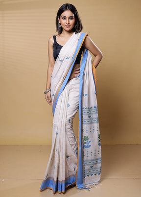 Blue Khadi Cotton Saree With Blouse Piece