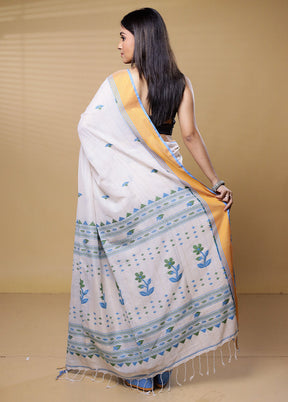 Blue Khadi Cotton Saree With Blouse Piece