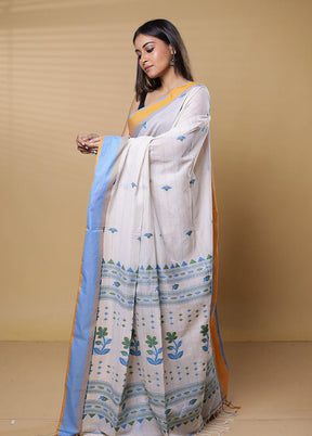 Blue Khadi Cotton Saree With Blouse Piece