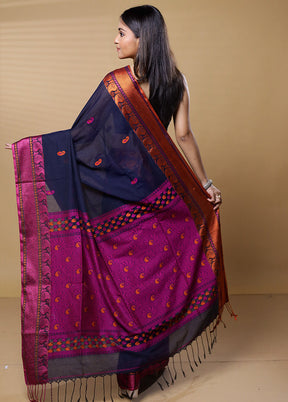 Blue Khadi Cotton Saree With Blouse Piece