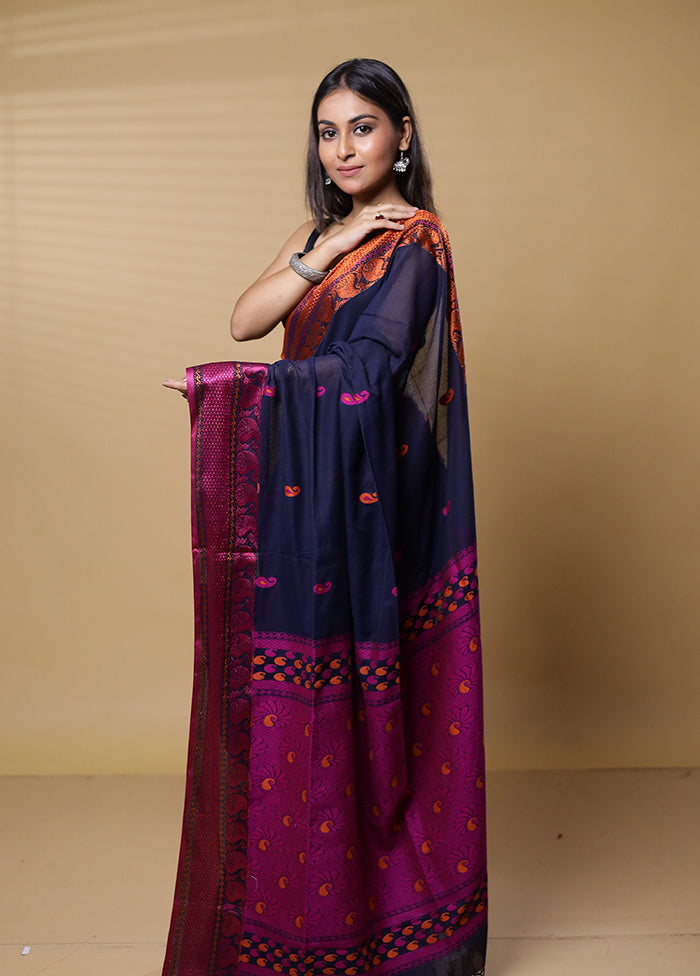 Blue Cotton Saree With Blouse Piece