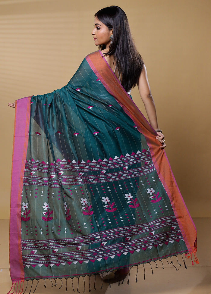 Green Khadi Cotton Saree With Blouse Piece