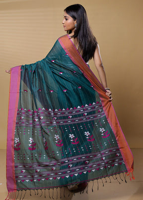 Green Khadi Cotton Saree With Blouse Piece