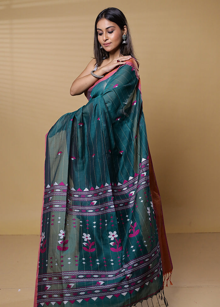 Green Khadi Cotton Saree With Blouse Piece