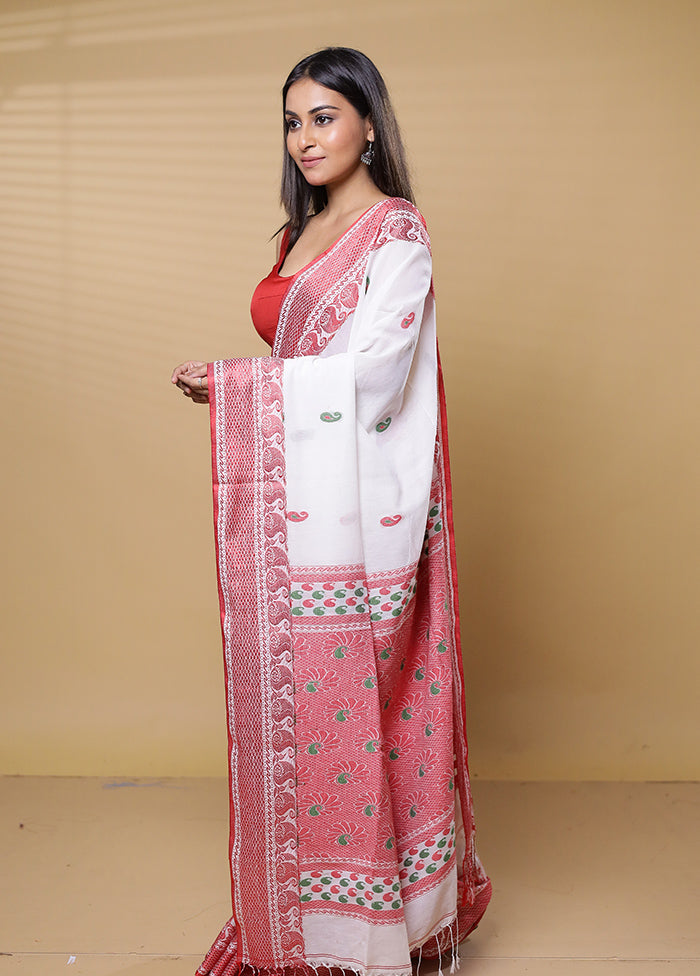 White Khadi Cotton Saree With Blouse Piece