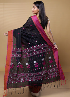 Black Khadi Cotton Saree With Blouse Piece