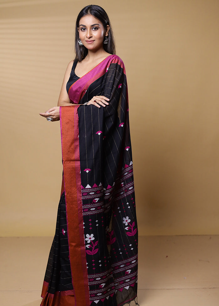 Black Khadi Cotton Saree With Blouse Piece