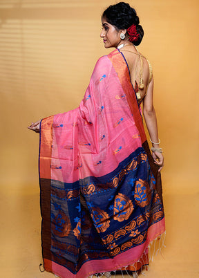 Pink Khadi Cotton Saree With Blouse Piece