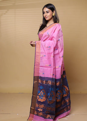 Pink Khadi Cotton Saree With Blouse Piece