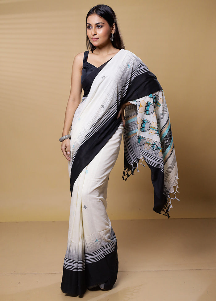 White Khadi Cotton Saree With Blouse Piece