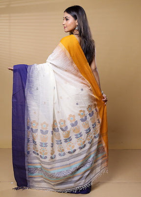 White Khadi Cotton Saree With Blouse Piece